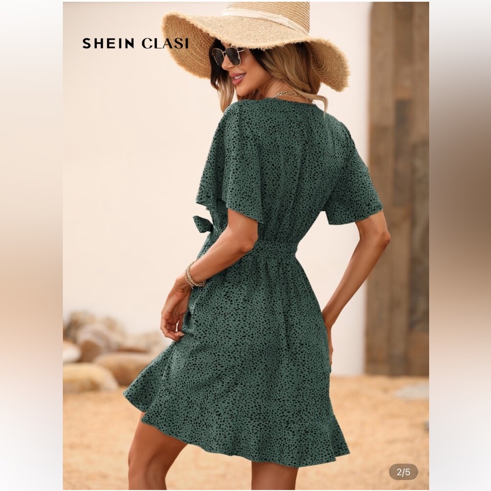 SHEIN Elegant Green and Black Dalmatian Wrap Dress, Size XL (US 12) - Picture 5 of 7
